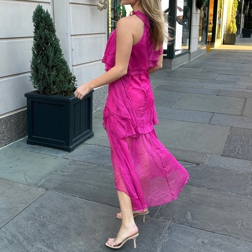 Women’s Sleeveless Asymmetrical Tiered Pink Midi Dress Size Medium - Picture 2 of 7